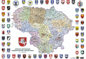  - LR administracinis suskirstymas, žemėlapis su herbais M1:800000 47x63,7cm, lamin - 000000000002129164