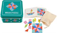 Wooden mosaic puzzle in a tin