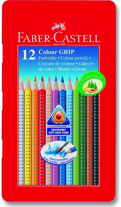 Spalvoti pieštukai Faber-Castell GRIP metalinėje dėž., 12 sp.