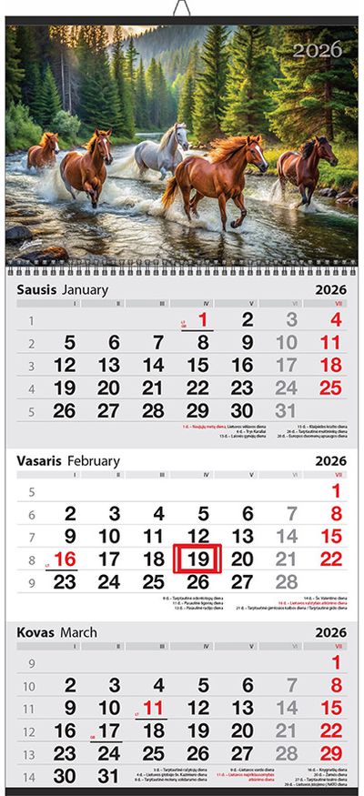 Sieninis kalendorius trijų dalių 2026