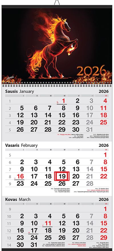 Sieninis kalendorius trijų dalių 2026