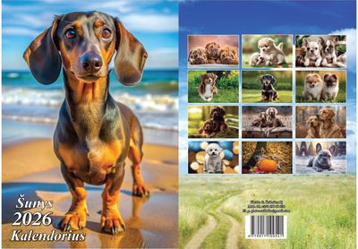 Verčiamas kalendorius Šunys A4, 2026 m.