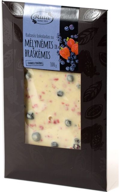 Baltasis šokoladas su mėlynėmis ir braškėmis, 100 g.