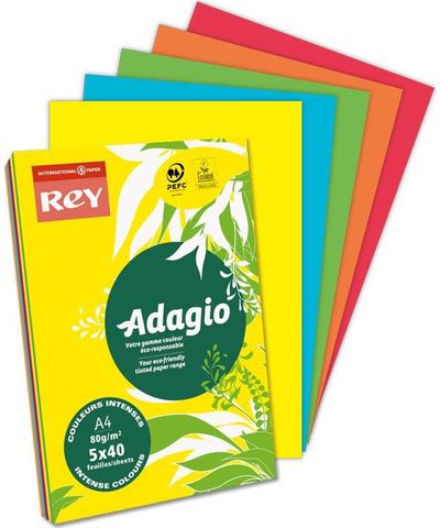 Spalvoto popieriaus rinkinys REY ADAGIO A4, 80 g/m2, 200 lapų, ryškios spalvos