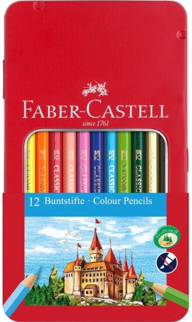 Spalvoti pieštukai Faber-Castell KNIGHTS metalinėje dėž., 12 sp.