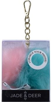 Nešiojamas įkroviklis POMPOM pakabuke, 2000mAh, USB ir mini USB, žydras ir roži nis