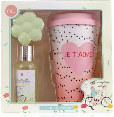 Dovanų rinkinys SPRING TIME IN PARIS (kelioninis puodelis+dušo želė+vonios burbu las), 50 ml+50 g