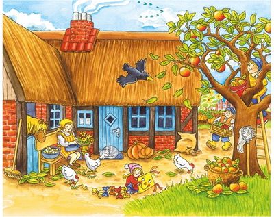 Medinės kaladėlės GOKI CUBE PUZZLE SEASONS ON A FARM 12 vnt,