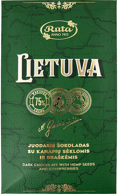 Juodasis šokoladas LIETUVA (75%) su kanapių sėklomis ir braškėmis, 90 g