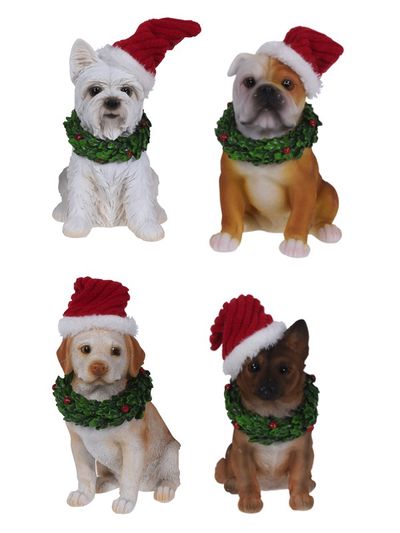 Kalėdinė statulėlė DOG WITH HAT&XMAS WREATH, 10x8x13 cm