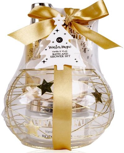 Vonios rinkinys WINTER MAGIC GOLD krepšelyje (dušo želė+kūno losjonas+kūno šveit iklis+vonios burbulas)