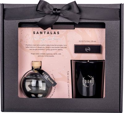 Namų kvapų rinknys ODORO MOOD SANTALAS (namų kvapas+žvakė+degtukai), 90ml+160g+20vnt