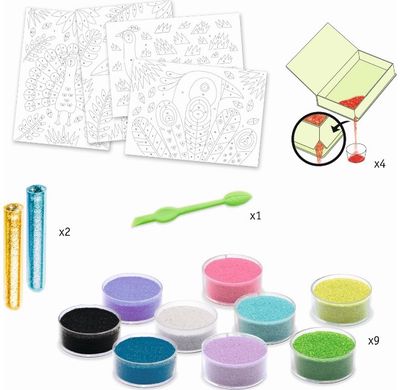 Kūrybinis spalvinimas smėliu ir blizgučiais DJECO PAUKŠČIAI