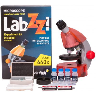 Mikroskopas LEVENHUK LabZZ M101 Orange 40x-640x su eksperimento komplektu