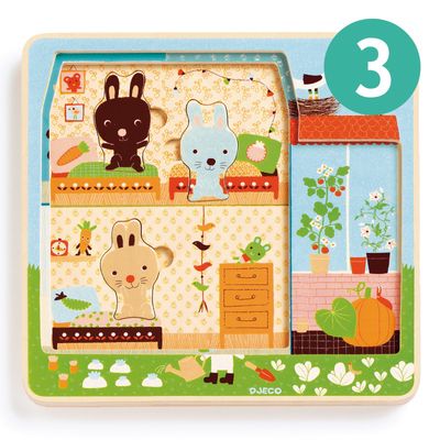 Medinė dėlionė DJECO 3 sluoksnių RABBIT COTTAGE