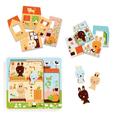 Medinė dėlionė DJECO 3 sluoksnių RABBIT COTTAGE