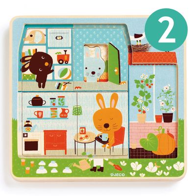 Medinė dėlionė DJECO 3 sluoksnių RABBIT COTTAGE