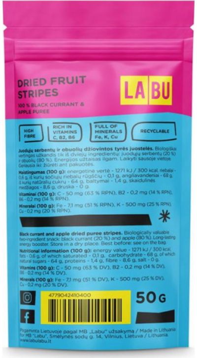 Juodųjų serbentų ir obuolių tyrės LABU juostelės, 50 g.