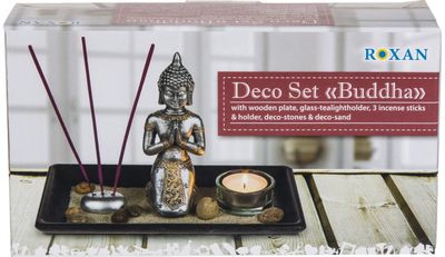 Dovanų rinkinys BUDDHA (statulėlė+padėklas+žvakidė+smilkalai+akmenėliai+smėlis), 22x14 cm
