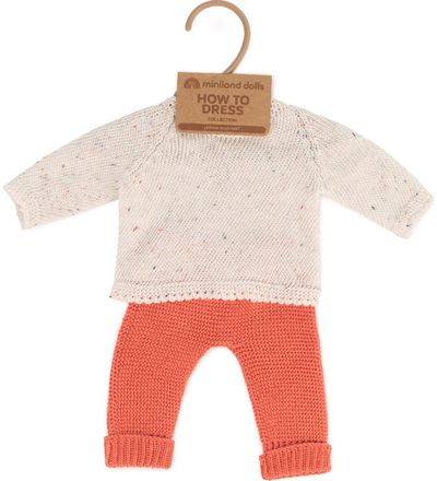 Lėlės MINILAND rūbų komplektas KNIT megztukas ir kelnės 38CM