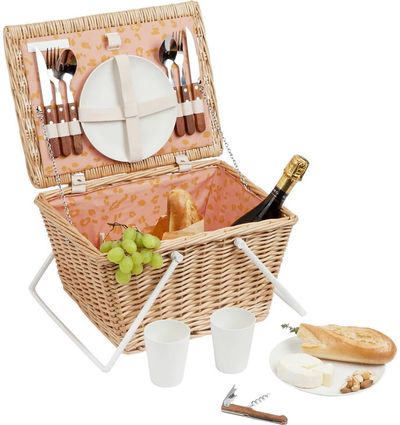 Pikniko krepšys NATURAL SMALL dviems (lėkštės+puodeliai+serviravimo įrankiai+ati darytuvas), 35x23x30 cm