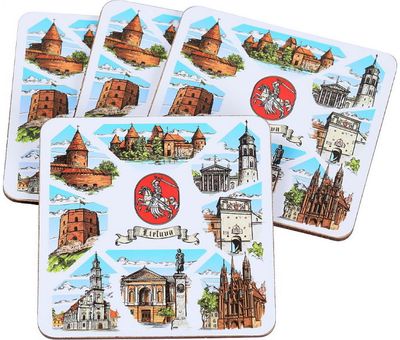 Padėkliukai puodeliams Lietuvos miestai, 9 x 9 cm, 4 vnt. kmpl., iš kamštinės me džiagos