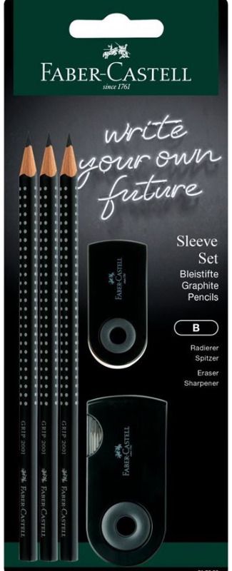 Rinkinys Faber-Castell GRIP: 3 pieštukai (B)+trintukas+drožtukas, Black, bl