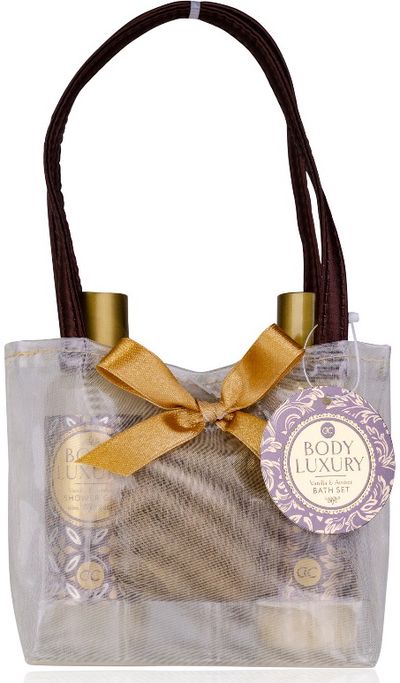 Dovanų rinkinys BODY LUXURY organzos maišelyje (dušo želė+vonios druska+kempinė)