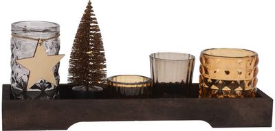 Žvakidžių rinkinys BROWN XMAS (padėklas+žvakidės+dekoracja-eglutė), 6 vnt.