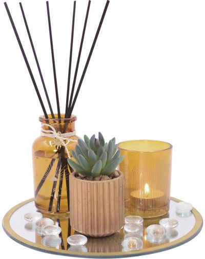 Dovanų rinkinys namams AROMA (padėklas+žvakė+namų kvapas+sukulentas+dekoracijos)