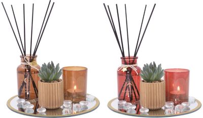 Dovanų rinkinys namams AROMA (padėklas+žvakė+namų kvapas+sukulentas+dekoracijos)