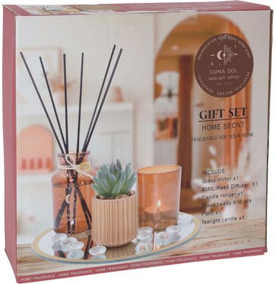Dovanų rinkinys namams AROMA (padėklas+žvakė+namų kvapas+sukulentas+dekoracijos)