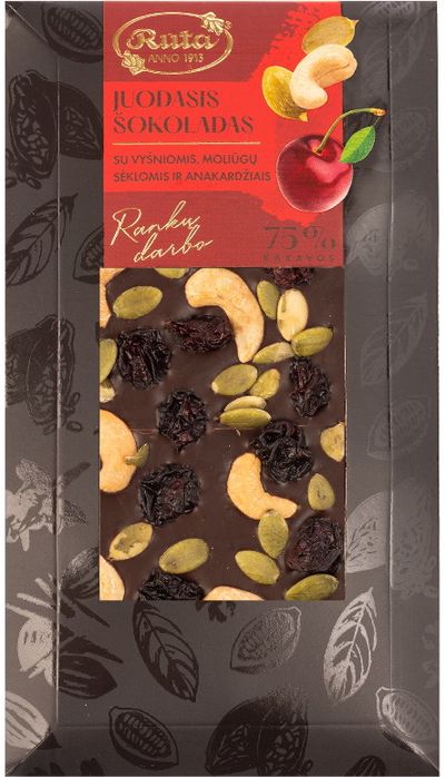 Juodasis (75%)šokoladas, su vyšniomis, moliūgų sėklomis ir anakardžiais, 100 g