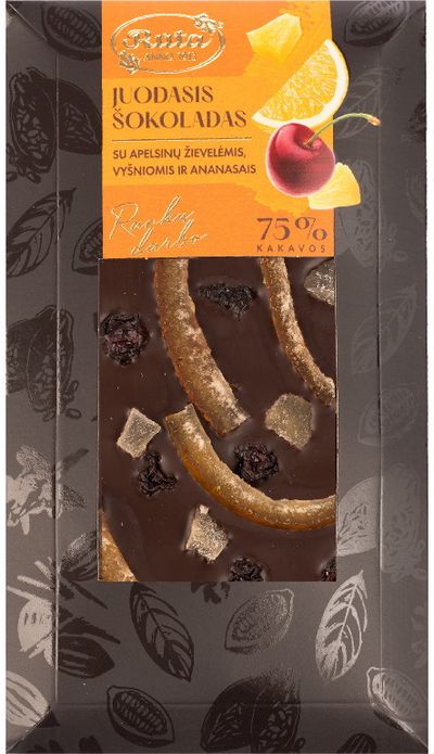 Juodasis (75%) šokoladas, su apelsinų žievelėmis, vyšniomis ir ananasais, 100 g