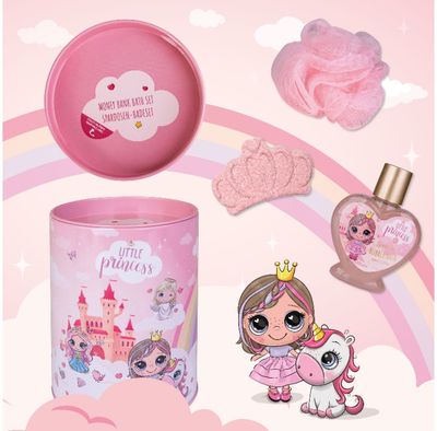 Vonios rinkinys LITTLE PRINCESS taupyklėje (vonios putos+vonios burbulas+kempinė ), 80ml+50g+10g