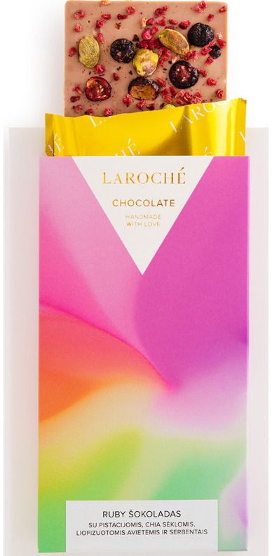 LAROCHÉ Ruby šokoladas su pistacijomis, chia ir avietėmis ir serbentais N°4, 100 g