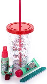 Dovanų rinkinys WATERMELON gėrimų indelyje (kūno losjonas+kūno dulksna+lūpų balz amas+dildė), 30ml+30ml