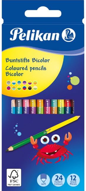 Spalvoti pieštukai PELIKAN dvipusiai, 12 vnt, 24 spalvos