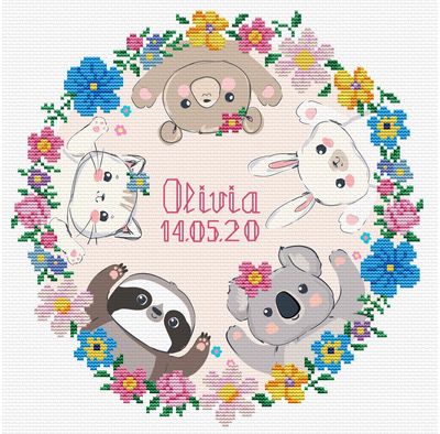 Siuvinėjimo kryželiu rinkinys NEEDLEWORLD ART WEET BABY BIRTH SAMPLER 29x29 cm
