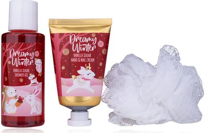Vonios rinkinys DREAMY WINTER kosmetinėje (dušo želė+rankų kremas+kempinė), 100m l+50ml+15g