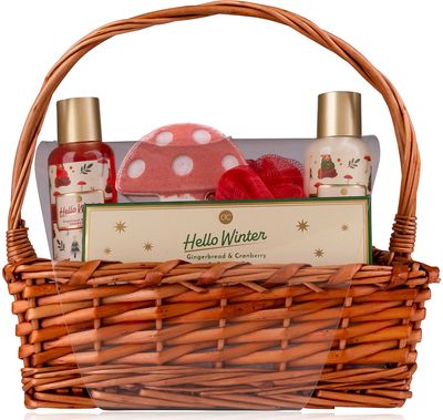 Vonios rinkinys HELLO WINTER krepšelyje (dušo želė+kūno losjonas+vonios druska+b urbulas+kempinė), 100ml+100ml+100ml+100ml+10g