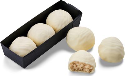 Kokosų ir makadamijų riešutų baltyminiai rutuliukai baltajame šokolade, 66 g
