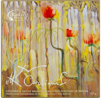 Džiovintos šaltyje braškės su baltuoju šokoladu ir Matcha „Čiurlionis“, 115 g