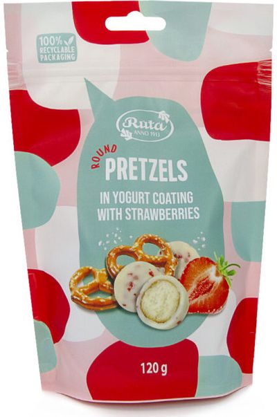 Rutuliukai „Pretzels“ su jogurtiniu glaistu ir braškėmis, 120 g