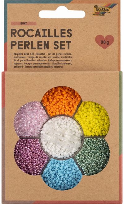 Rocailles karoliukai FOLIA ĮVAIRIŲ SPALVŲ 90g, 3x1m nailono siūlas, 3 segtukai