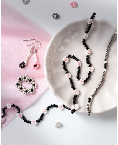 Rocailles karoliukai FOLIA SIDABRINĖS 90g, 3x1m nailono siūlas, 3 segtukai