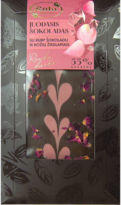 Juodasis šokoladas (55 %) su ruby šokoladu ir rožių žiedlapiais, 100 g