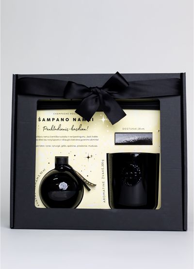 Namų kvapų rinknys ODORO MOOD ŠAMPANO NAMAI (namų kvapas+žvakė+degtukai), 90ml+160g+20vnt