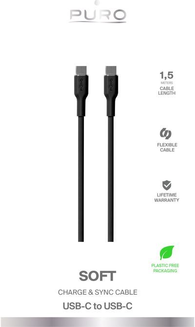 Įkrovimo laidas PURO USB-C to USB-C 1.5m, Soft Cable, Black
