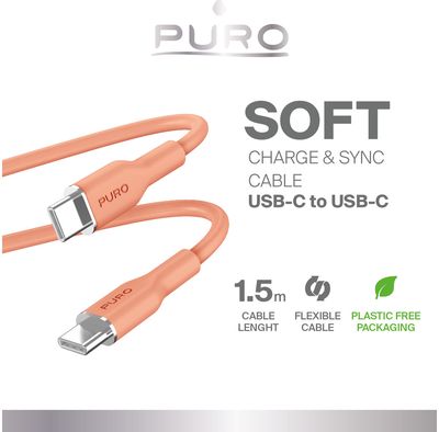 Įkrovimo laidas PURO USB-C to USB-C 1.5m, Soft Cable, Peach